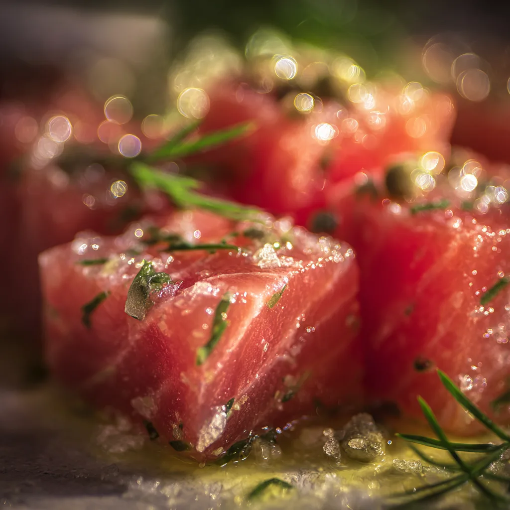 Gros plan texture tartare de saumon frais cubes au couteau herbes fraîches