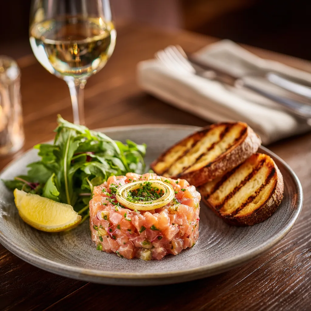 Tartare de saumon frais présentation élégante assiette accompagnements pain grillé