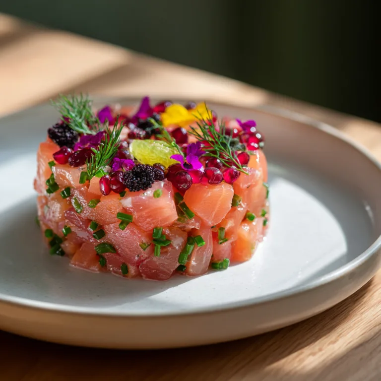 Tartare de saumon frais vue de dessus dressé en cercle sur assiette blanche