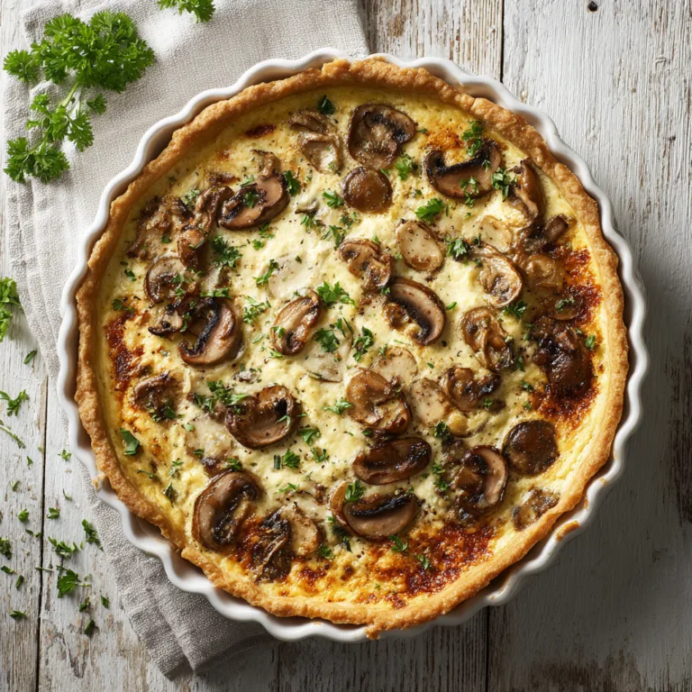 Tarte aux champignons et fromage entière vue de dessus sur une table en bois rustique