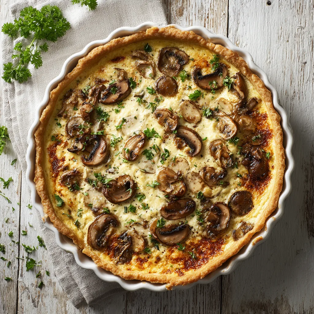 Tarte aux champignons et fromage entière vue de dessus sur une table en bois rustique