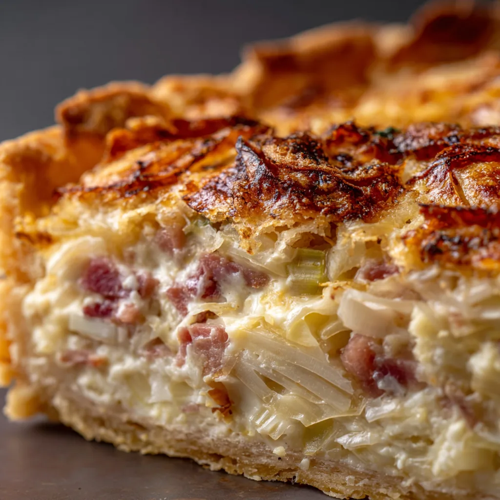 Gros plan d'une part de Tarte aux poireaux et aux lardons montrant la texture crémeuse