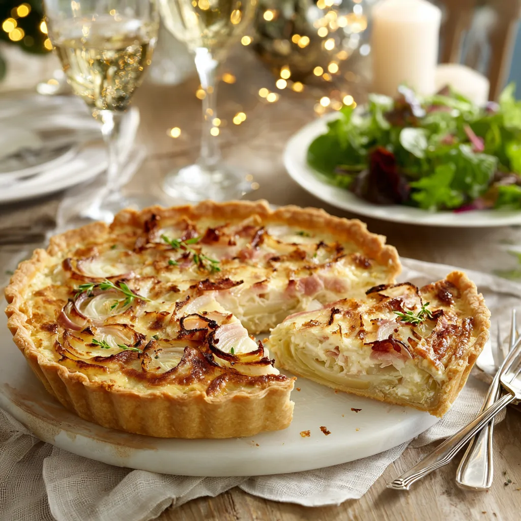 Tarte aux poireaux et aux lardons servie sur table avec salade et accompagnements