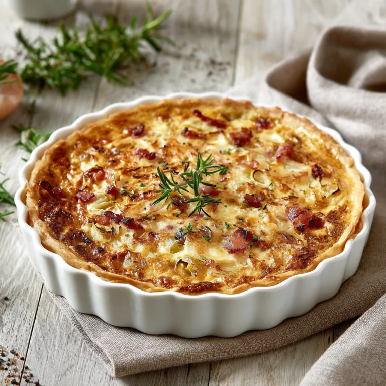 Tarte aux poireaux et aux lardons dorée vue de dessus avec fromage gratiné