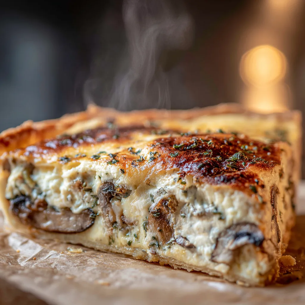 Gros plan sur une part de tarte aux champignons et fromage avec garniture crémeuse visible
