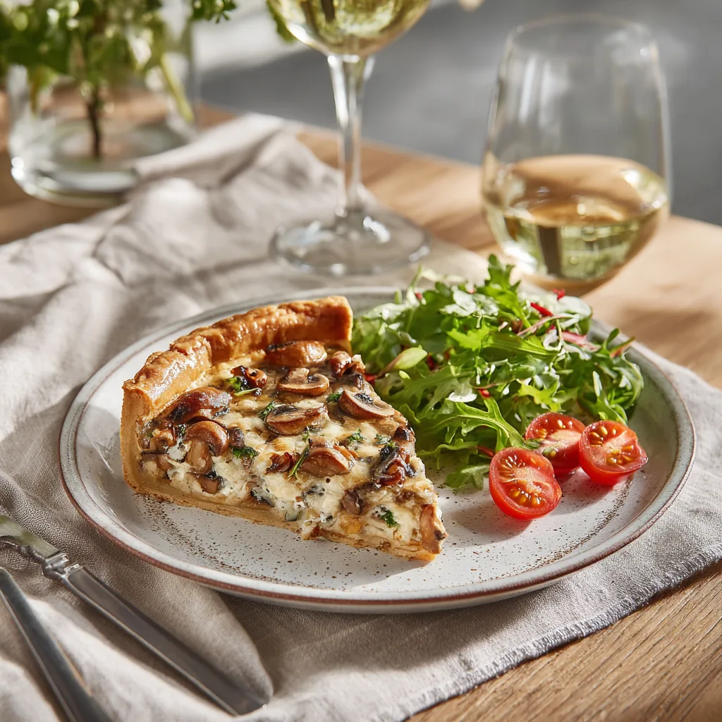 Part de tarte aux champignons et fromage servie sur assiette avec salade et vin blanc