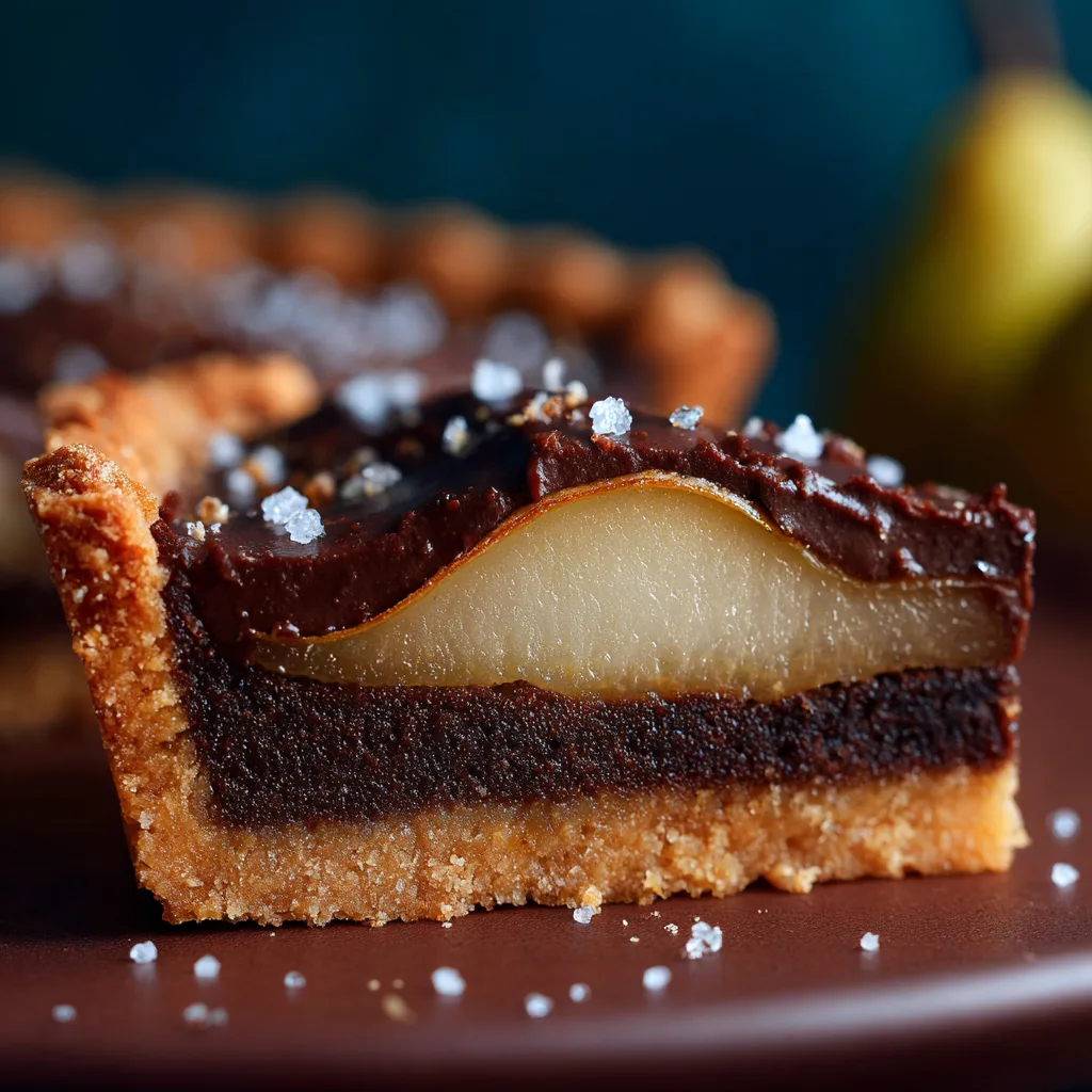 Gros plan sur une part de tarte chocolat poires fondante aux couches visibles