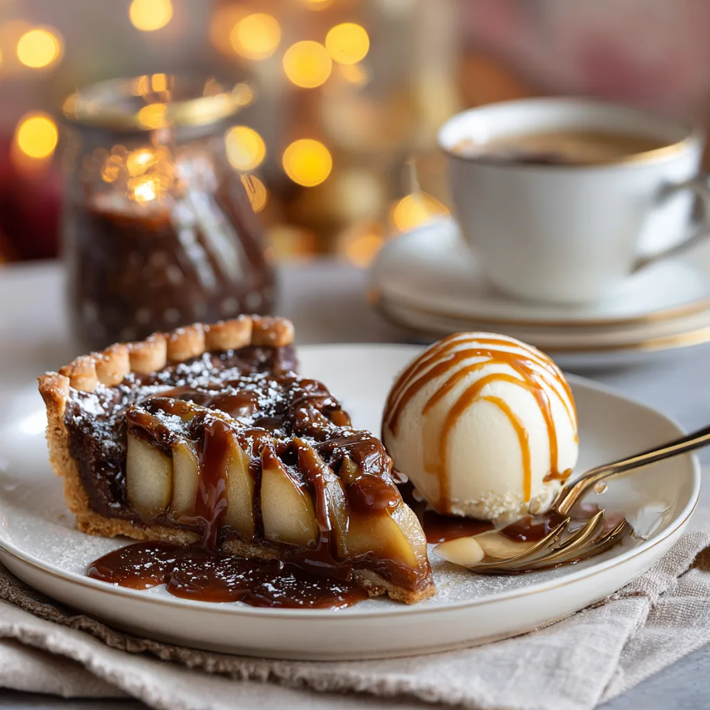 Part de tarte chocolat poires servie avec glace vanille sur table élégante