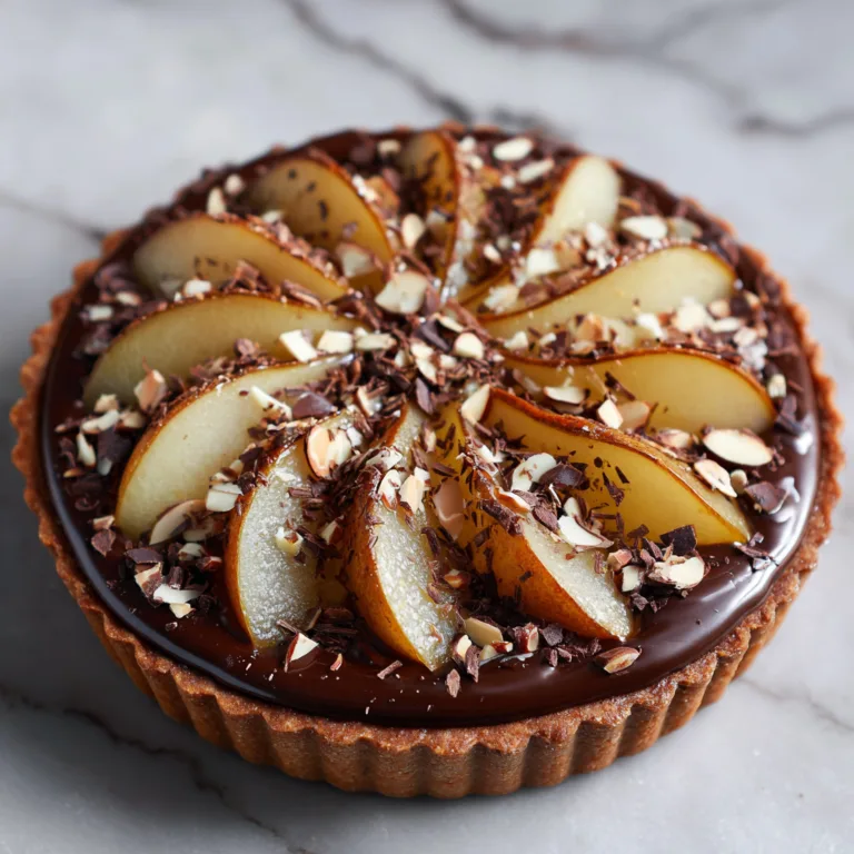 Tarte chocolat poires fondante vue de dessus sur marbre blanc
