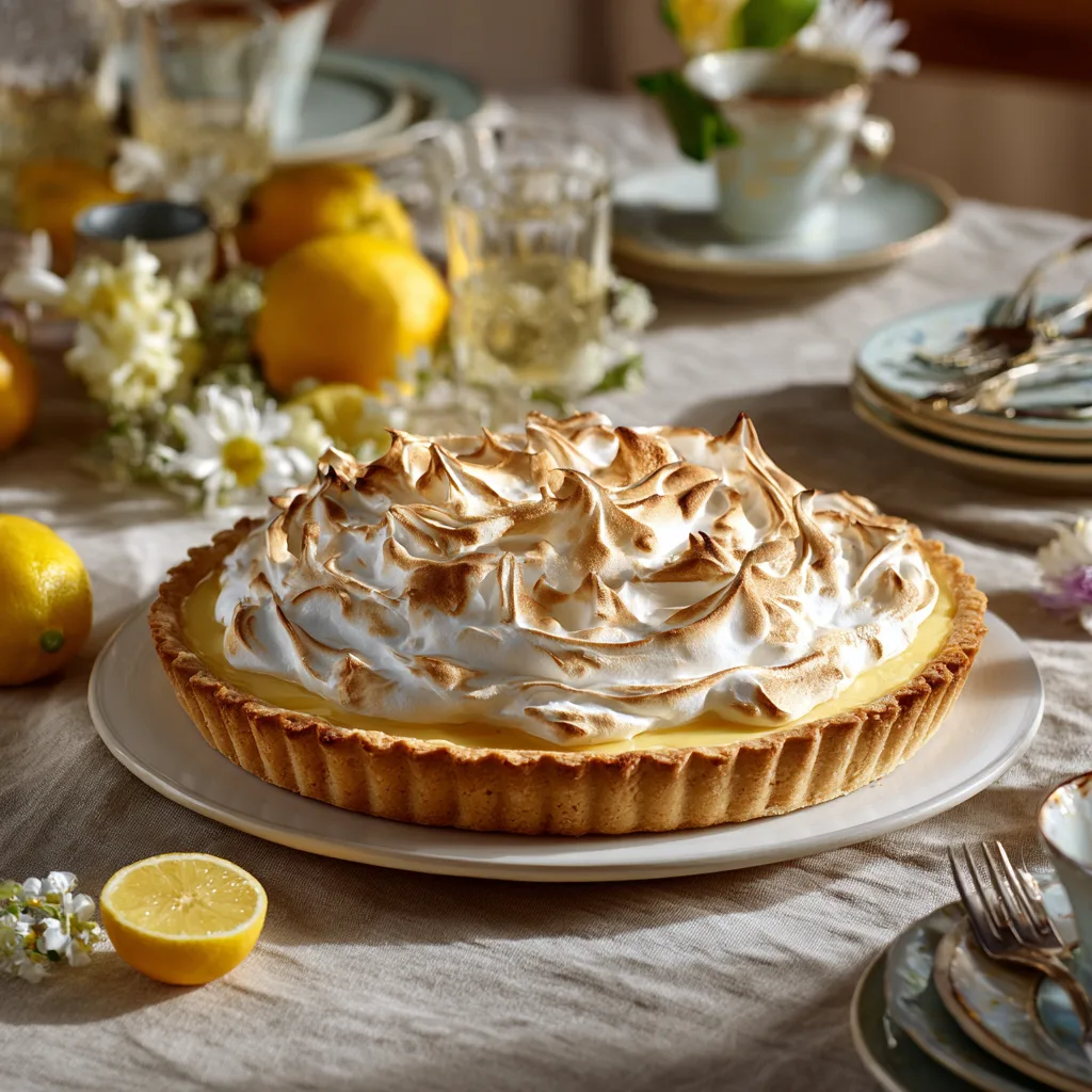 Tarte au citron meringuée servie sur table avec accompagnements thé et citrons