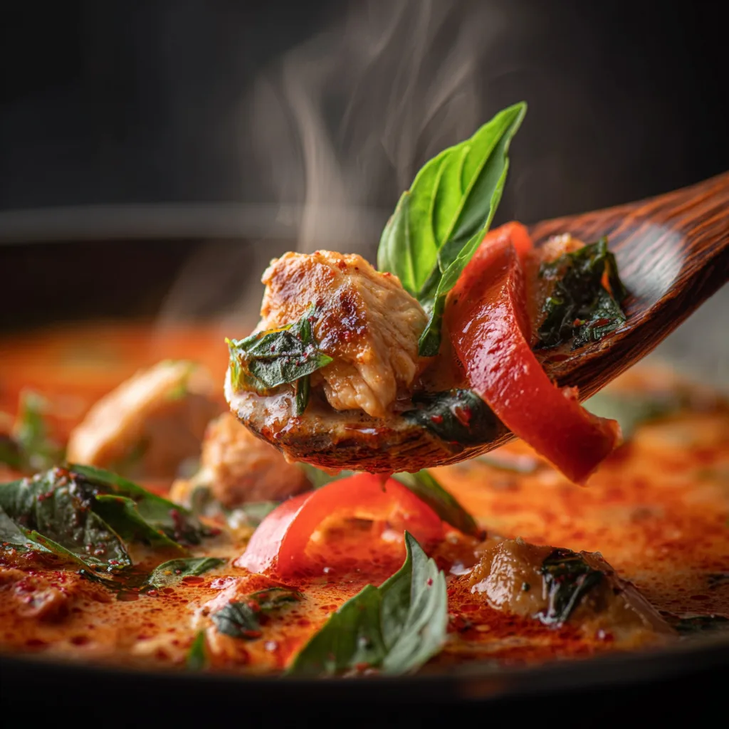 Gros plan de la texture crémeuse du curry thaï rouge avec sauce au lait de coco