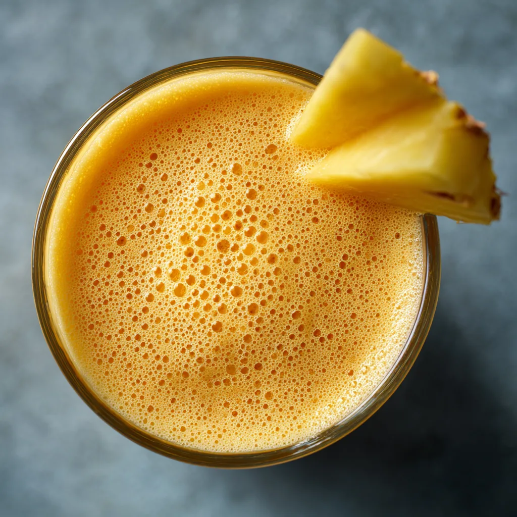 Gros plan sur la texture crémeuse et onctueuse d'un Smoothie Mangue Ananas