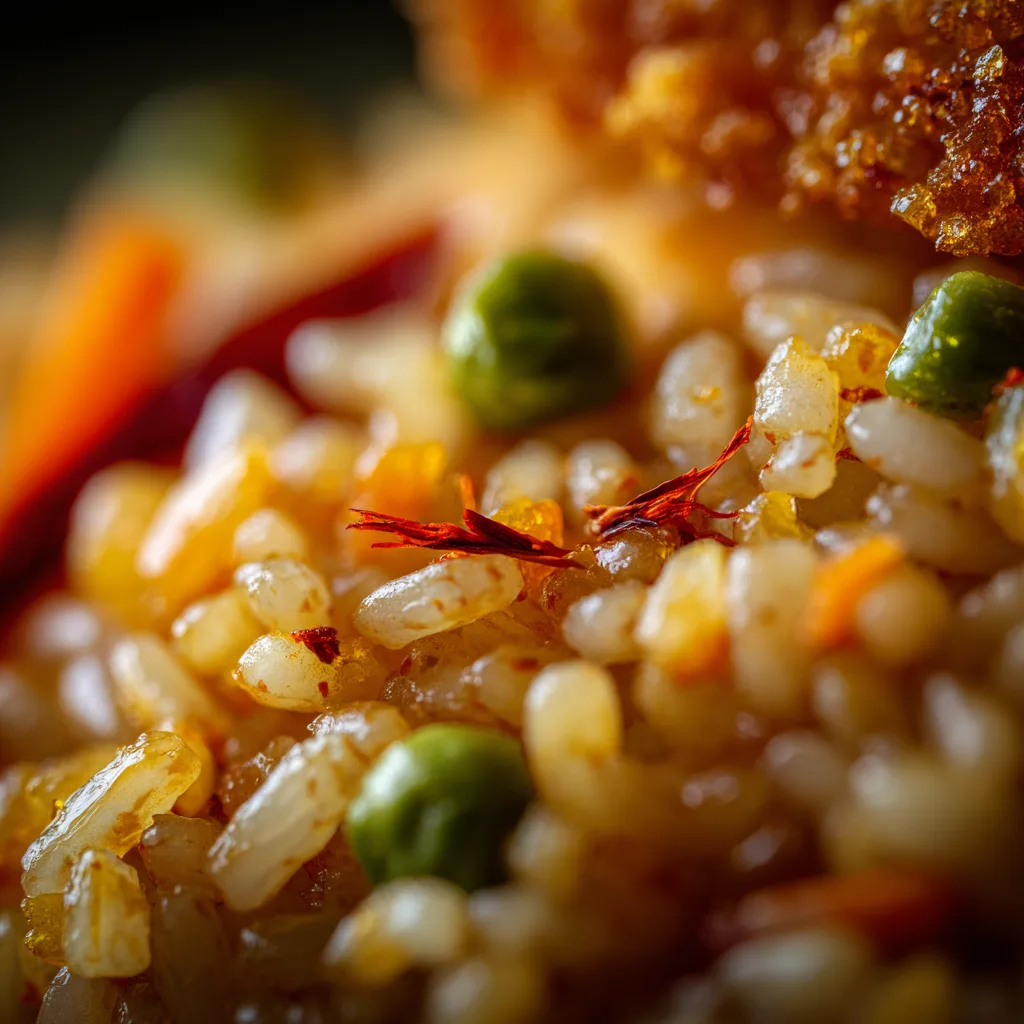 Gros plan texture paëlla végétarienne riz safran socarrat croustillant