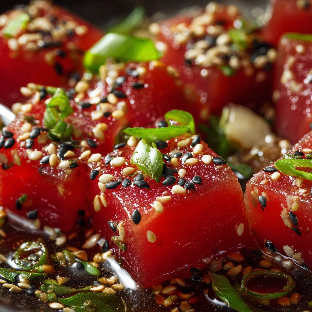 Gros plan sur le thon mariné à la sauce soja avec graines de sésame pour Poke Bowl au Thon Mariné