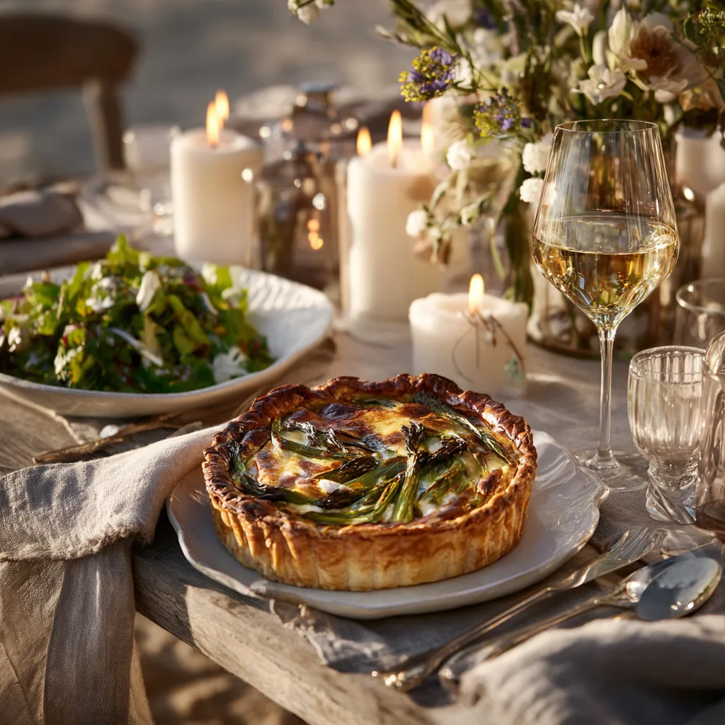 Part de tourte aux légumes servie avec salade verte présentation élégante