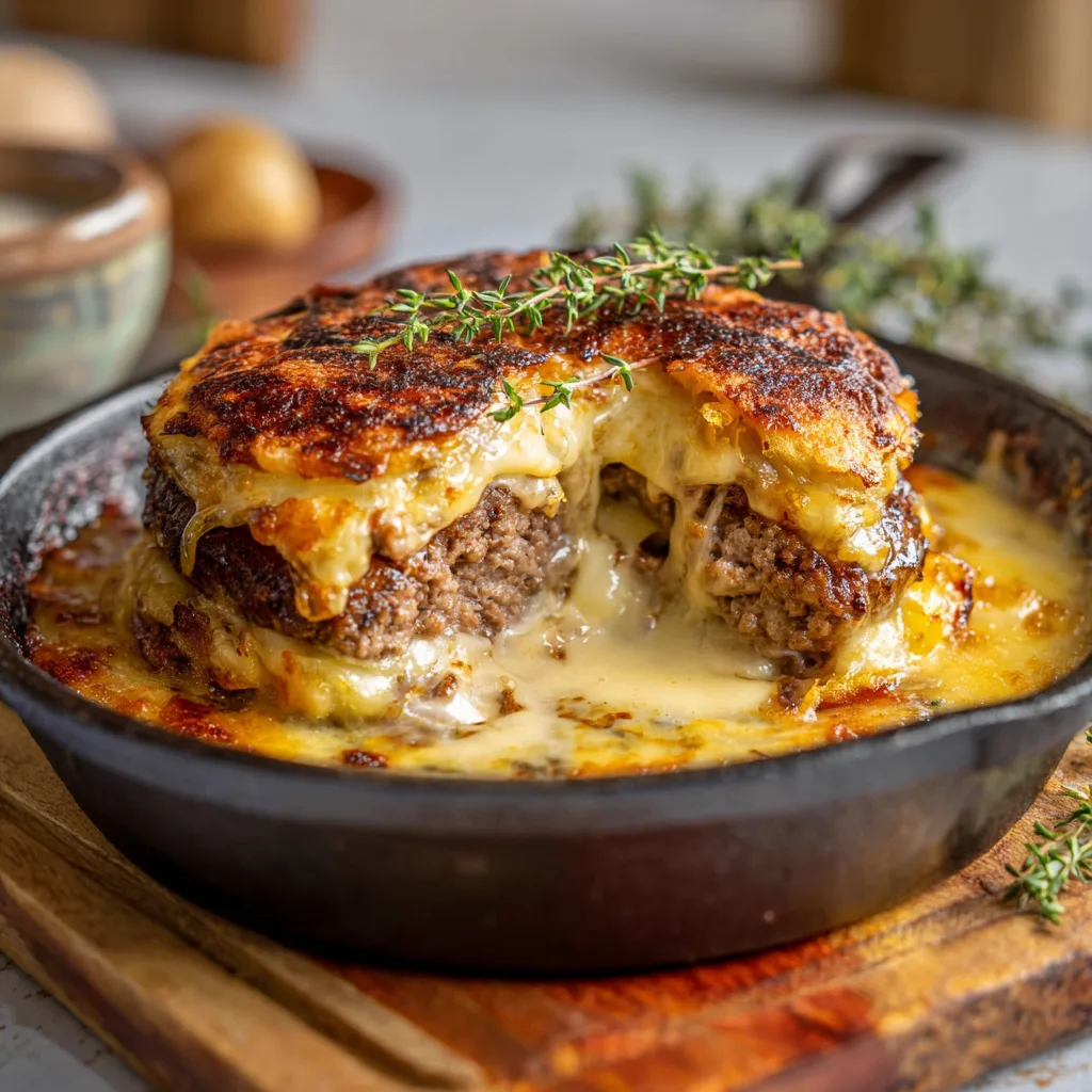 Assemblage du Gratin Hamburger au Fromage avec béchamel au cheddar versée dans le plat