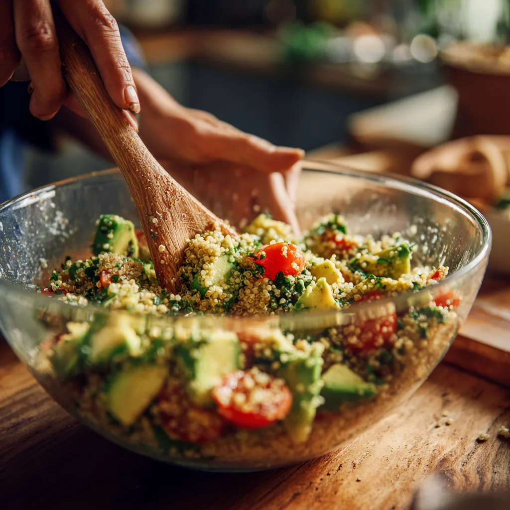 Mélange des ingrédients dans le saladier pour la salade quinoa avocat