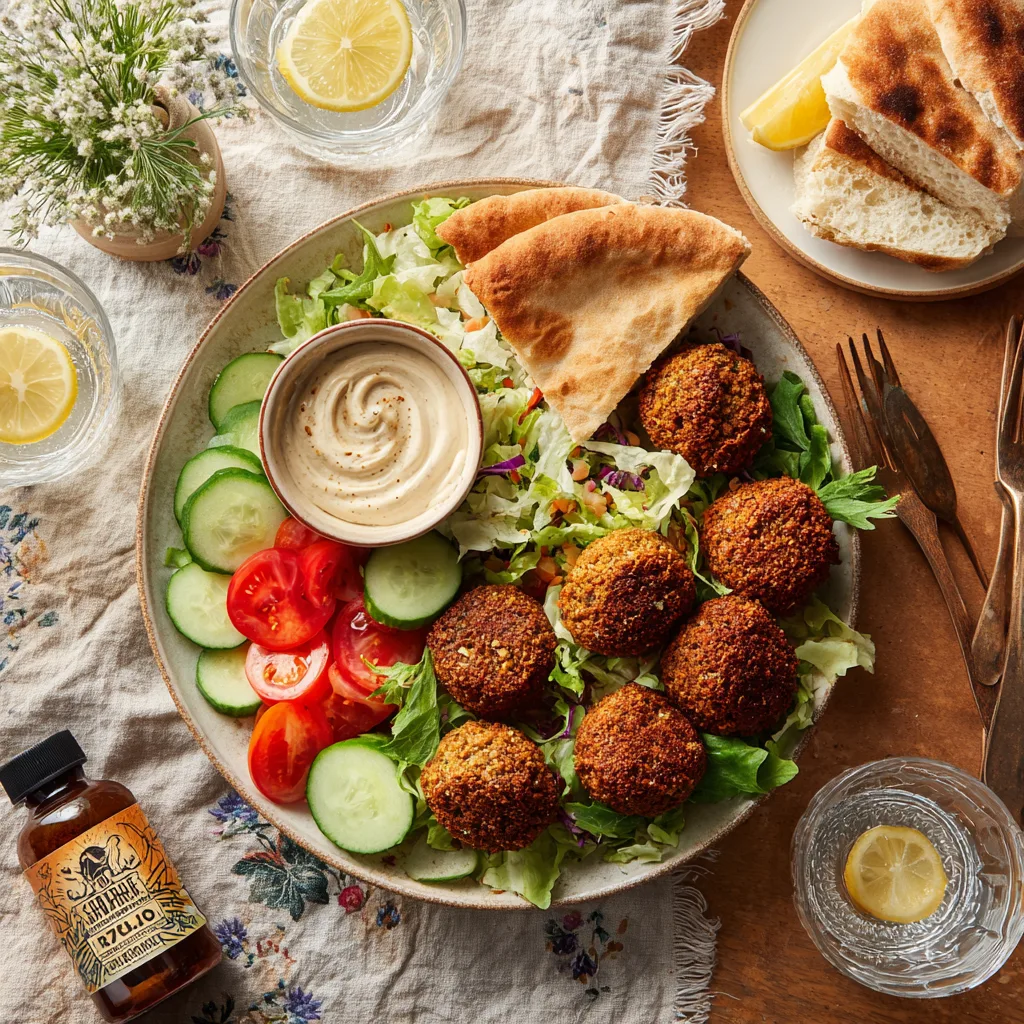 assiette de falafels maison croustillants avec sauce tahini et salade