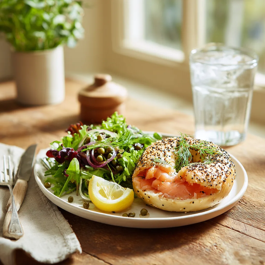 Bagel au saumon et fromage frais servi sur assiette blanche recette facile