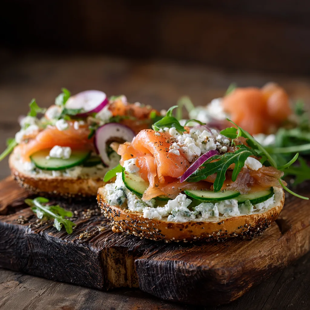 Bagel au saumon fumé et fromage frais vue de dessus sur planche en bois