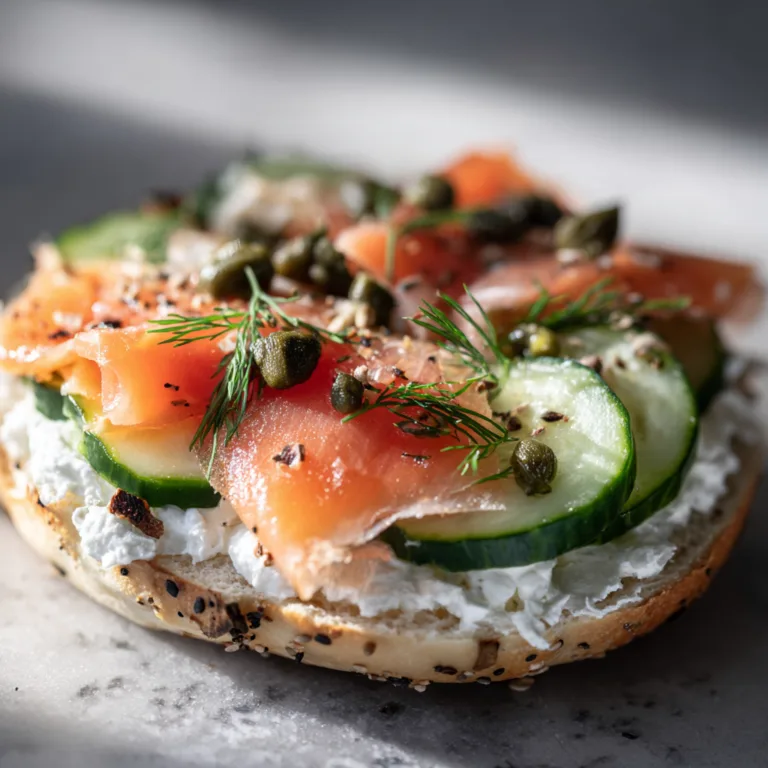 Gros plan saumon fumé et fromage frais dans un bagel au saumon