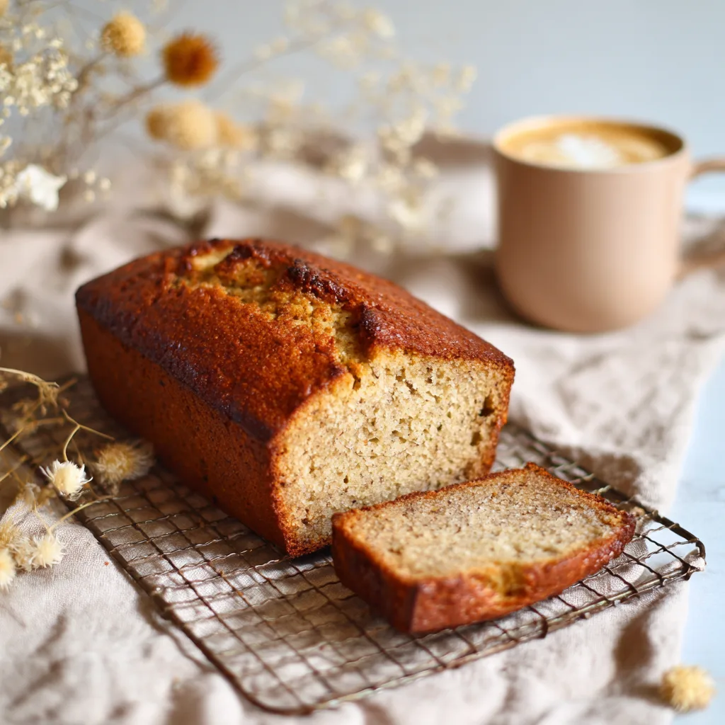 Banana bread maison doré et moelleux sur grille de refroidissement avec une tranche coupée