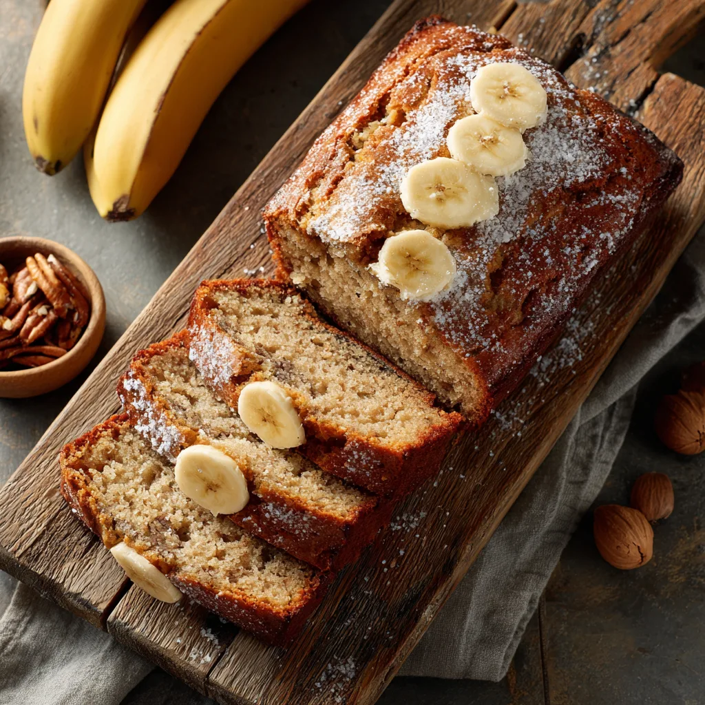 Banana bread maison entier vu de dessus sur une planche en bois rustique