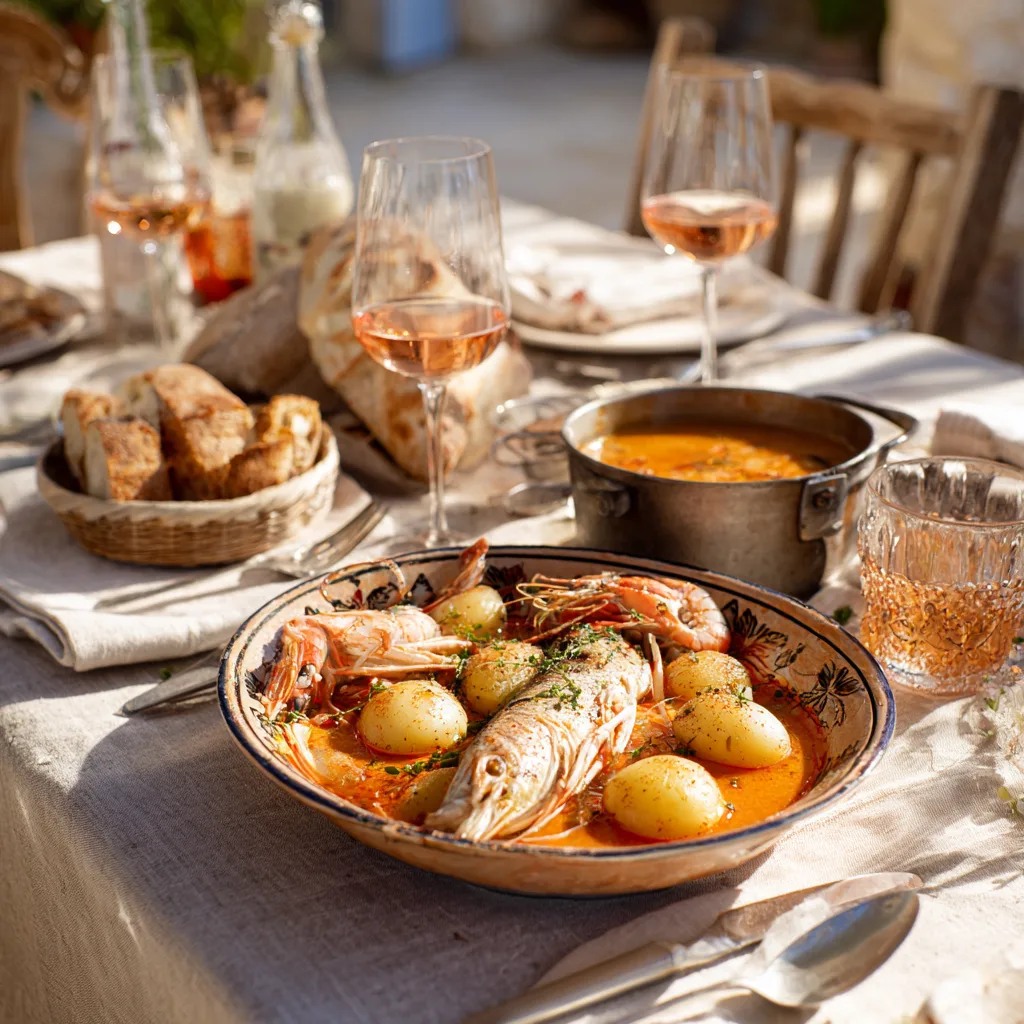 Bouillabaisse Traditionnelle provençale plat final présentation table dîner