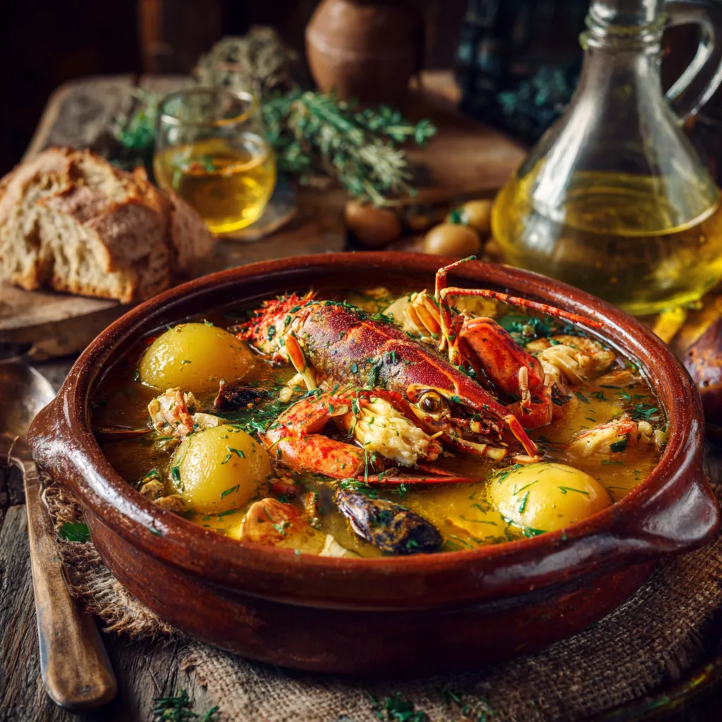 Bouillabaisse Traditionnelle vue de dessus dans un plat provençal avec rascasse et safran