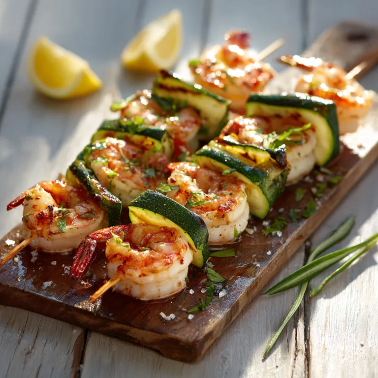 Brochettes de gambas aux courgettes grillées sur planche en bois avec coriandre et citron vert