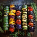 Brochettes de légumes grillés au barbecue vue de dessus colorées