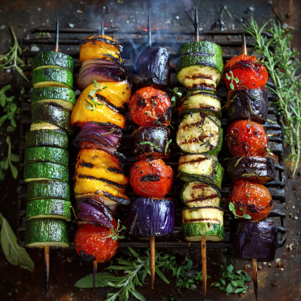 Brochettes de légumes grillés au barbecue vue de dessus colorées
