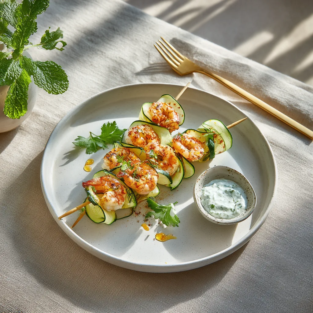 Assiette de brochettes de gambas aux courgettes servies avec sauce yaourt et citron vert