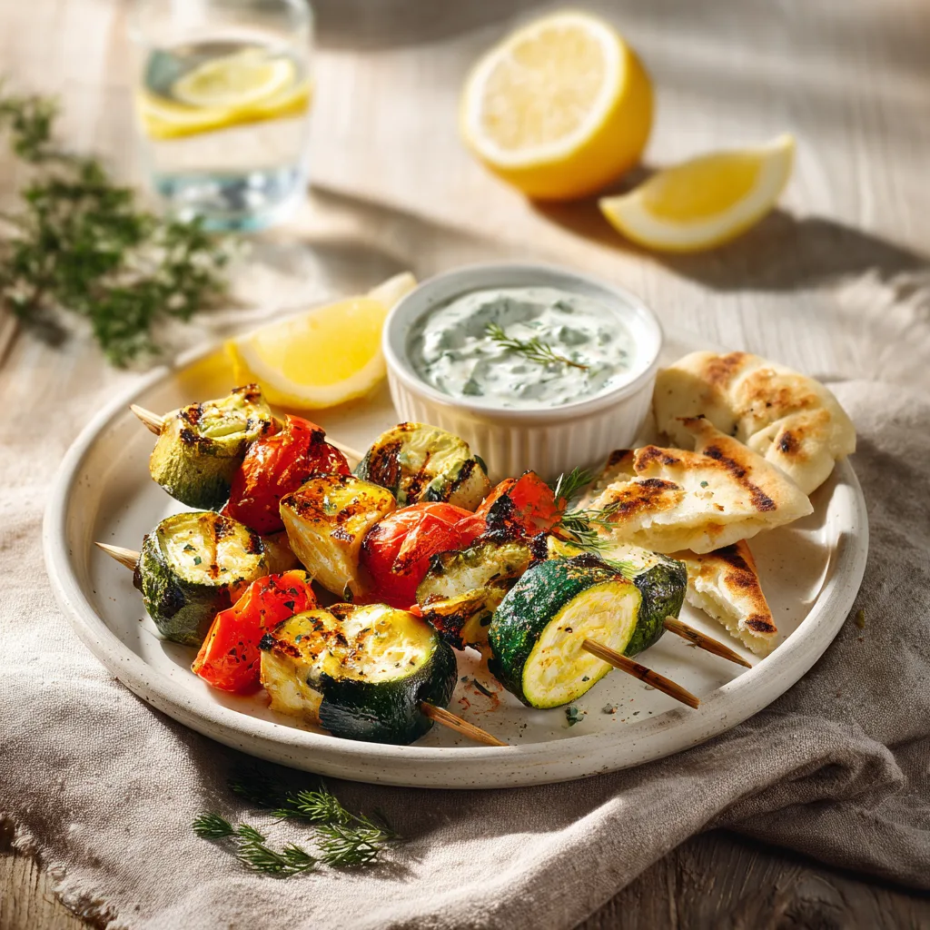 Assiette de brochettes de légumes grillés servies avec sauce yaourt et pain pita