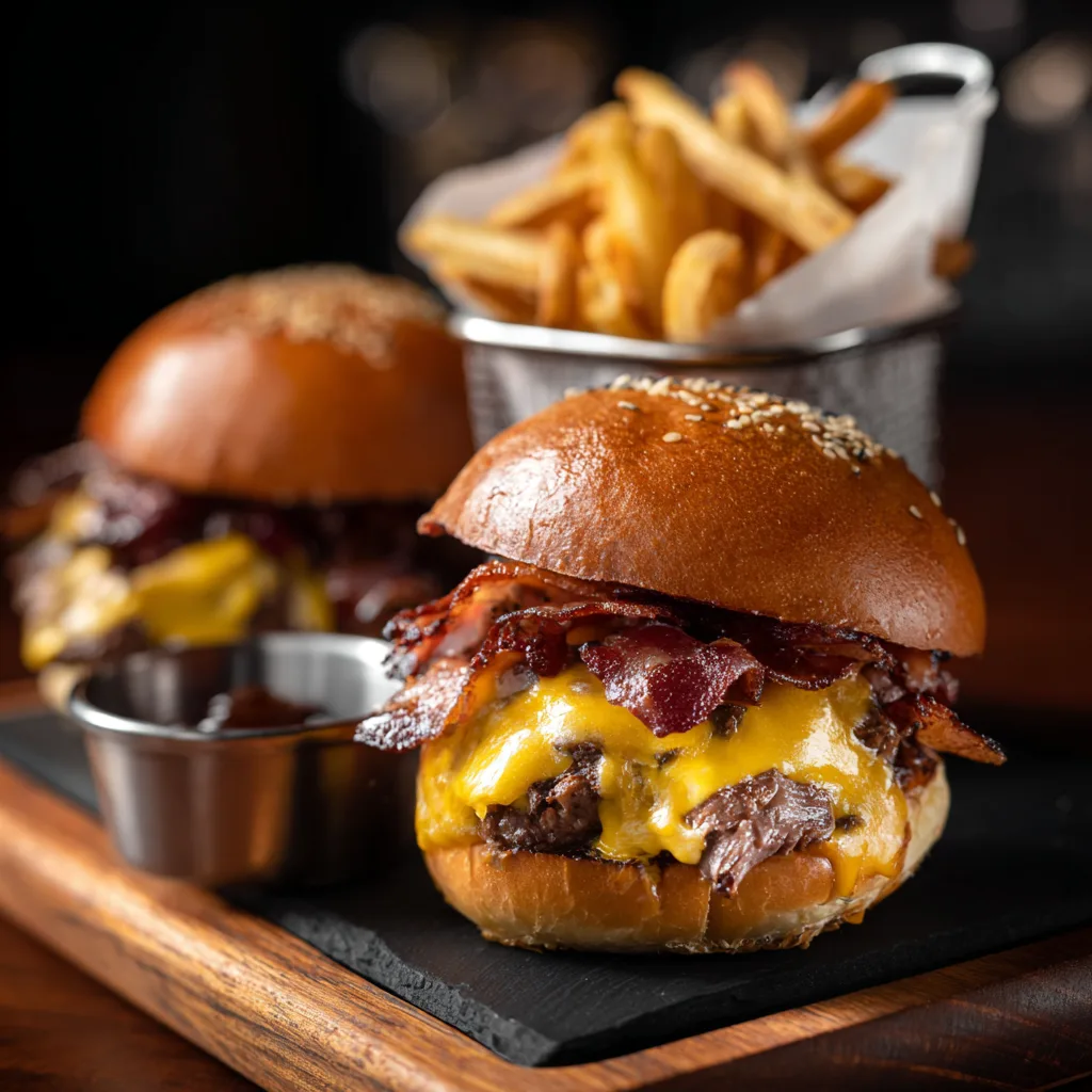 Burger smash maison cheddar bacon coupé en deux photo principale