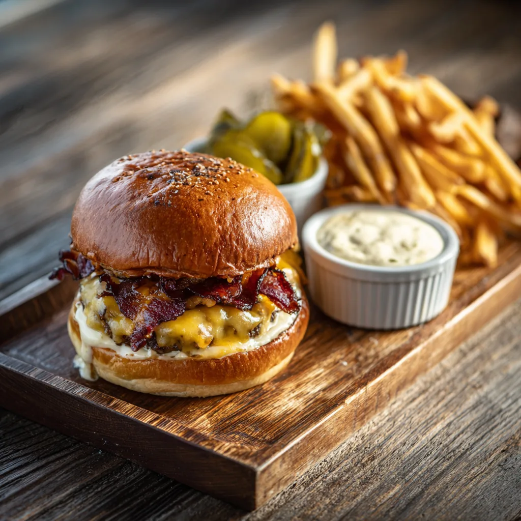 Burger smash maison cheddar bacon vue de dessus sur planche en bois