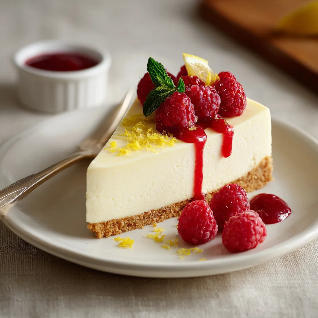 Part de cheesecake citron sans cuisson crémeuse assiette framboises coulis