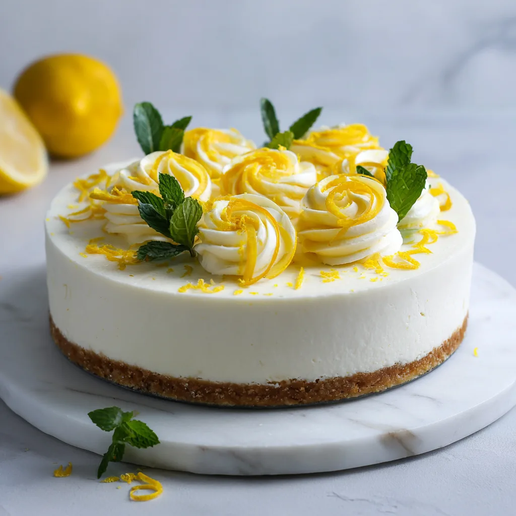 Cheesecake citron sans cuisson entier décoré de tranches de citron et zestes