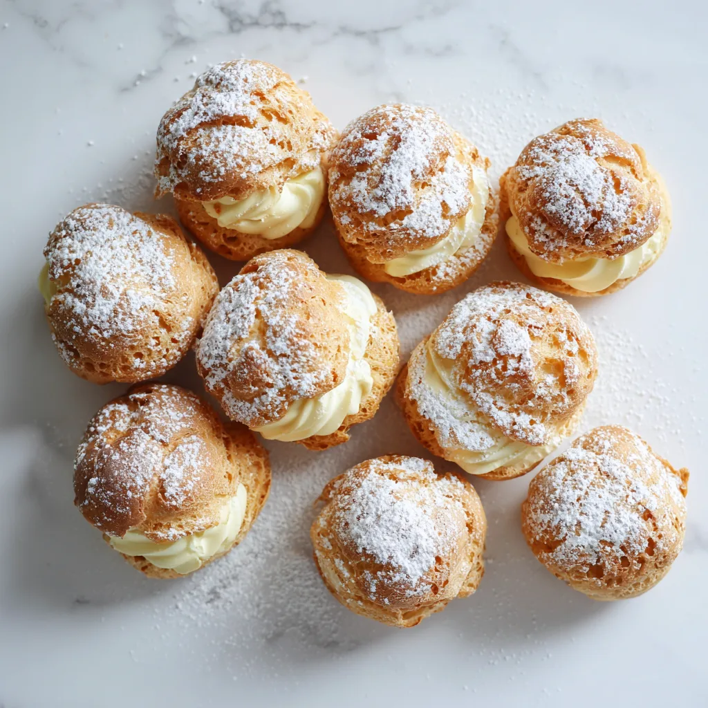 Choux à la crème pâtissière maison saupoudrés de sucre glace, vue de dessus