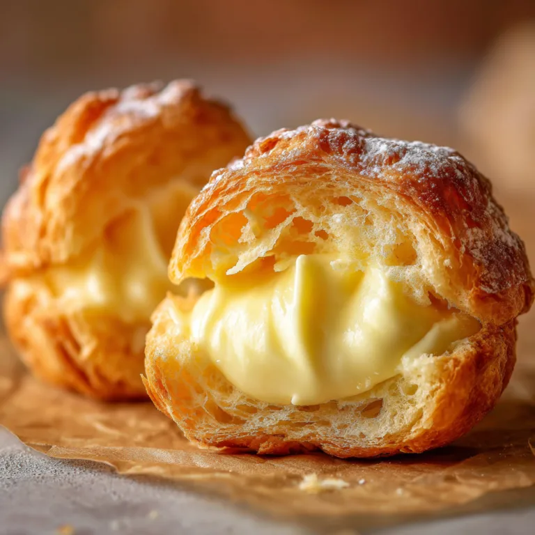 Gros plan chou à la crème pâtissière coupé en deux révélant la crème vanillée