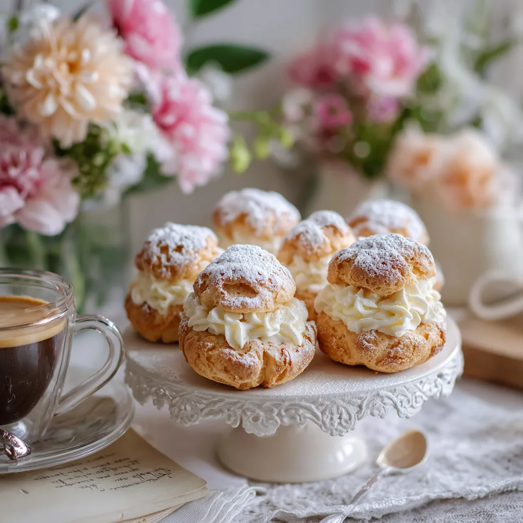 Choux à la crème pâtissière présentés sur un présentoir vintage avec café