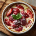 Clafoutis aux fraises et vanille vue de dessus dans un moule en céramique
