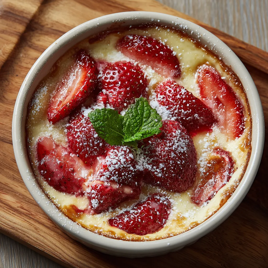 Clafoutis aux fraises et vanille vue de dessus dans un moule en céramique