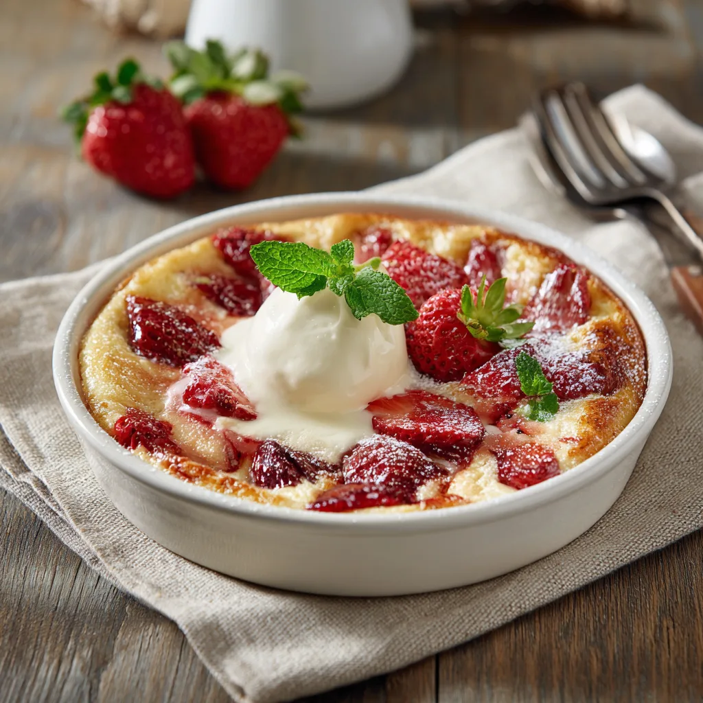 Clafoutis aux fraises et vanille servi sur table avec crème fouettée