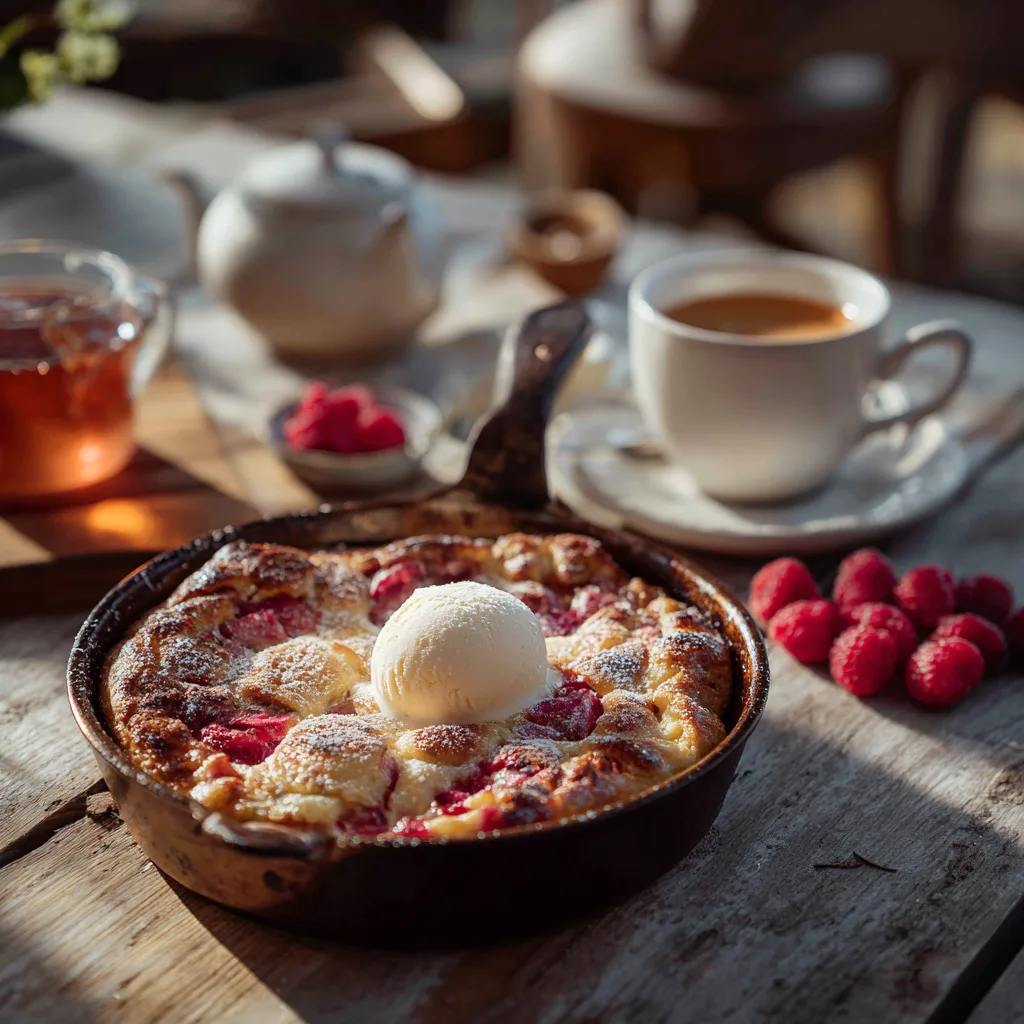 Clafoutis rhubarbe pomme servi avec glace vanille sur une belle table