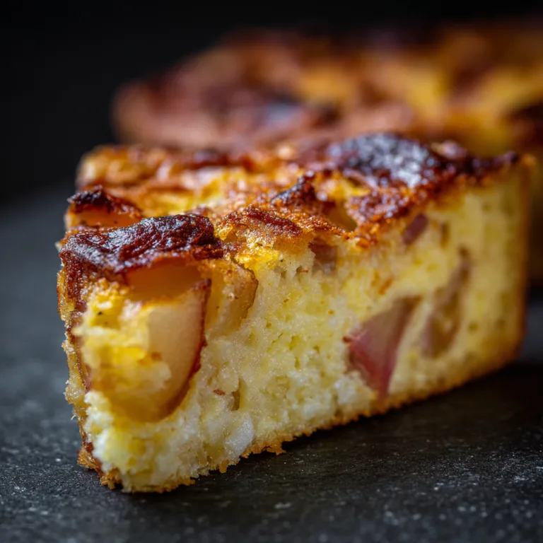 Gros plan sur la texture moelleuse du clafoutis rhubarbe pomme