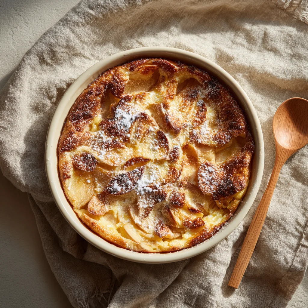 Clafoutis rhubarbe pomme doré vu de dessus dans un plat en céramique