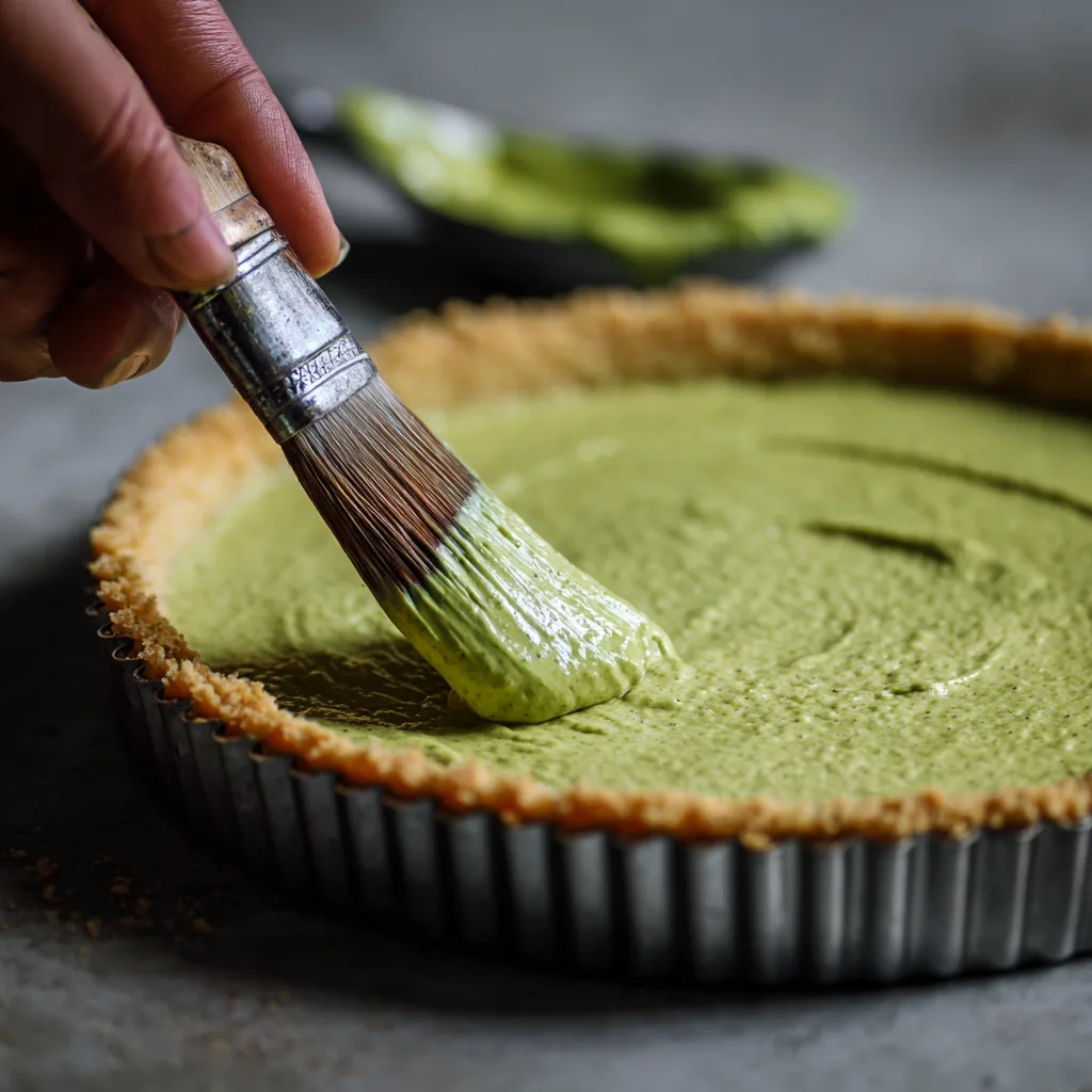 Étalage de la crème de pistache sur le fond de tarte cuit