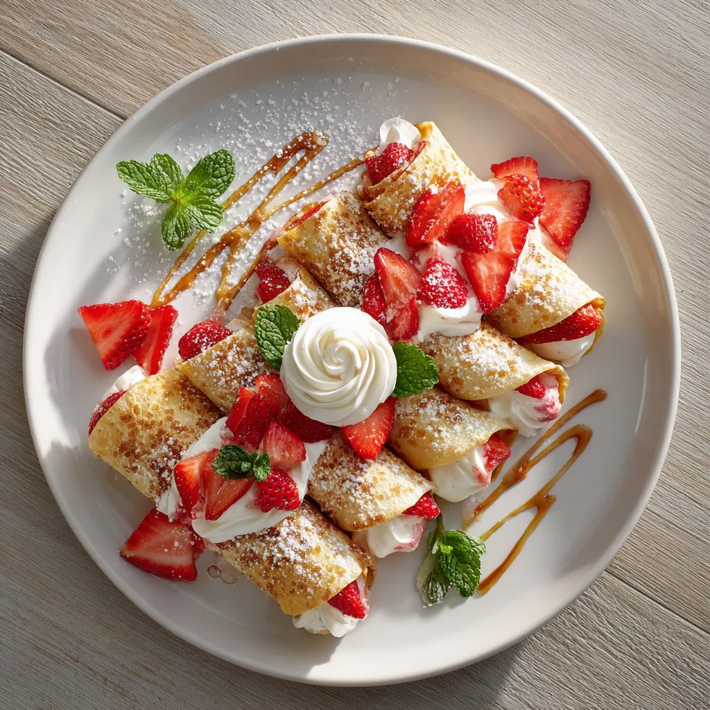 Crêpes roulées fraises chantilly vue de dessus sur assiette blanche