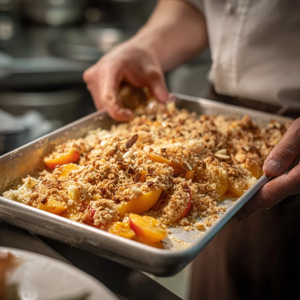 Assemblage du crumble abricots amandes dans le plat avant cuisson